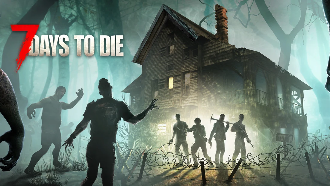 7 Days to Die key art: survivors behind barbed wire outside a house, zombies closing in through a foggy forest