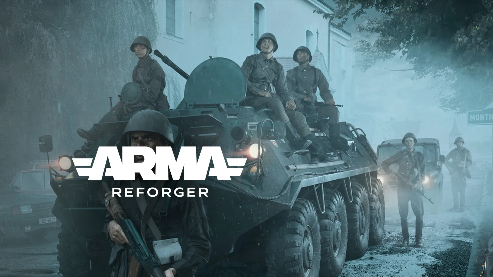Arma Reforger key art: soldiers ride an armoured carrier through a misty town