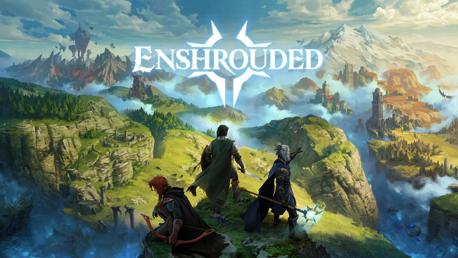 Enshrouded key art: three heroes look out over Embervale