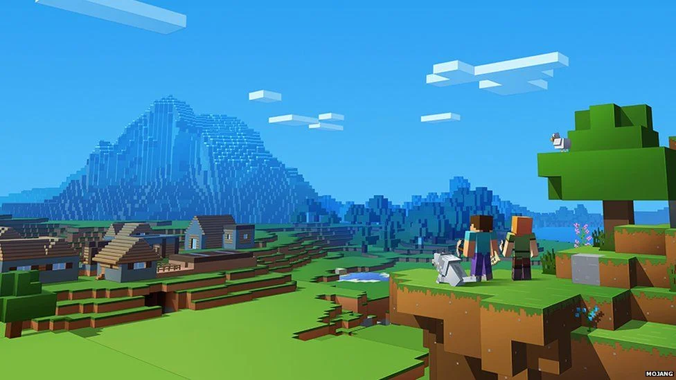 Minecraft key art: two players and a wolf look out over a blocky village and a blue mountain