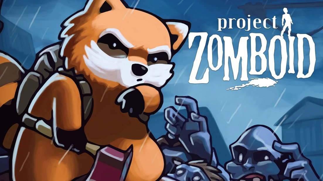 Project Zomboid key art: Spiffo the raccoon in the rain, with zombies reaching in behind him