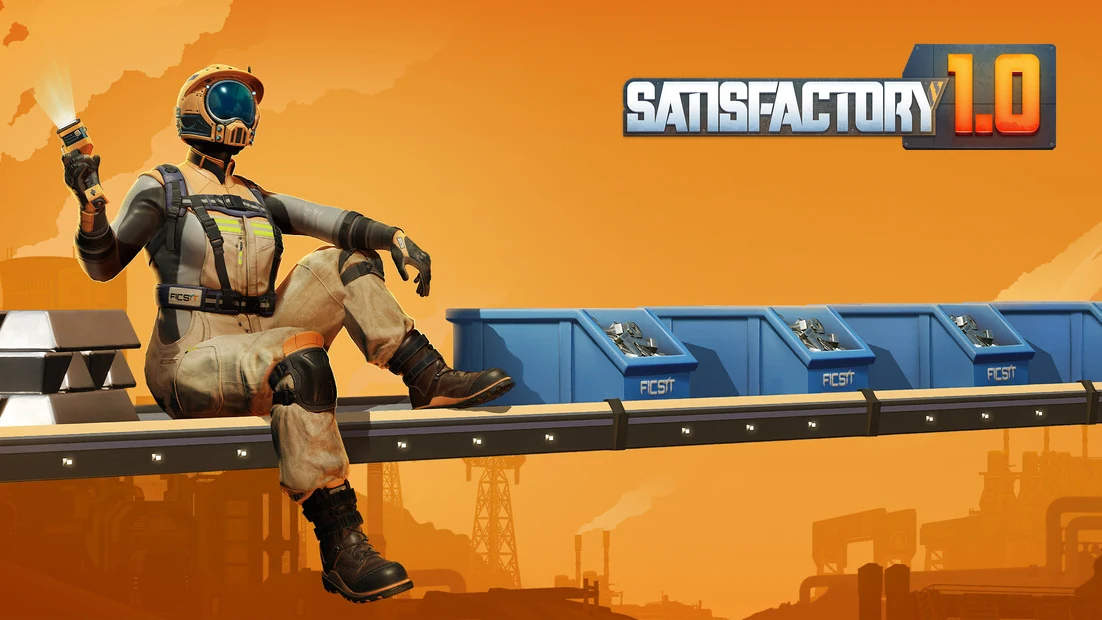 Satisfactory key art: a pioneer in a FICSIT suit sitting on a conveyor belt of blue containers above an orange factory skyline