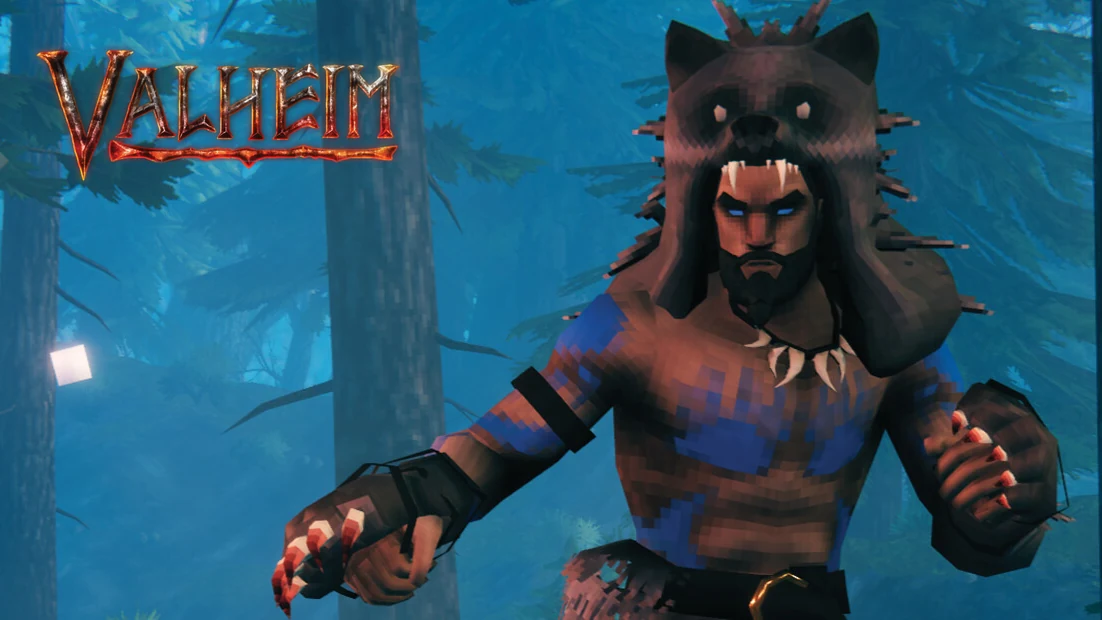 Valheim key art: a Viking in a bear hood striding through a misty blue forest, beside the Valheim wordmark