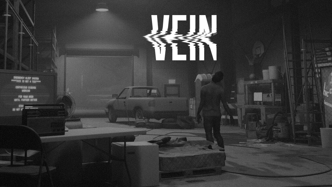 VEIN key art in black and white: a survivor in a dim warehouse beside an emergency broadcast screen and a pickup truck, under the VEIN wordmark