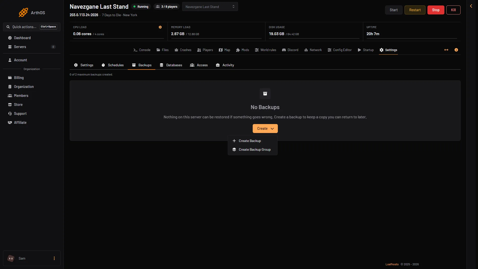 The Create menu on the Backups tab with Create Backup