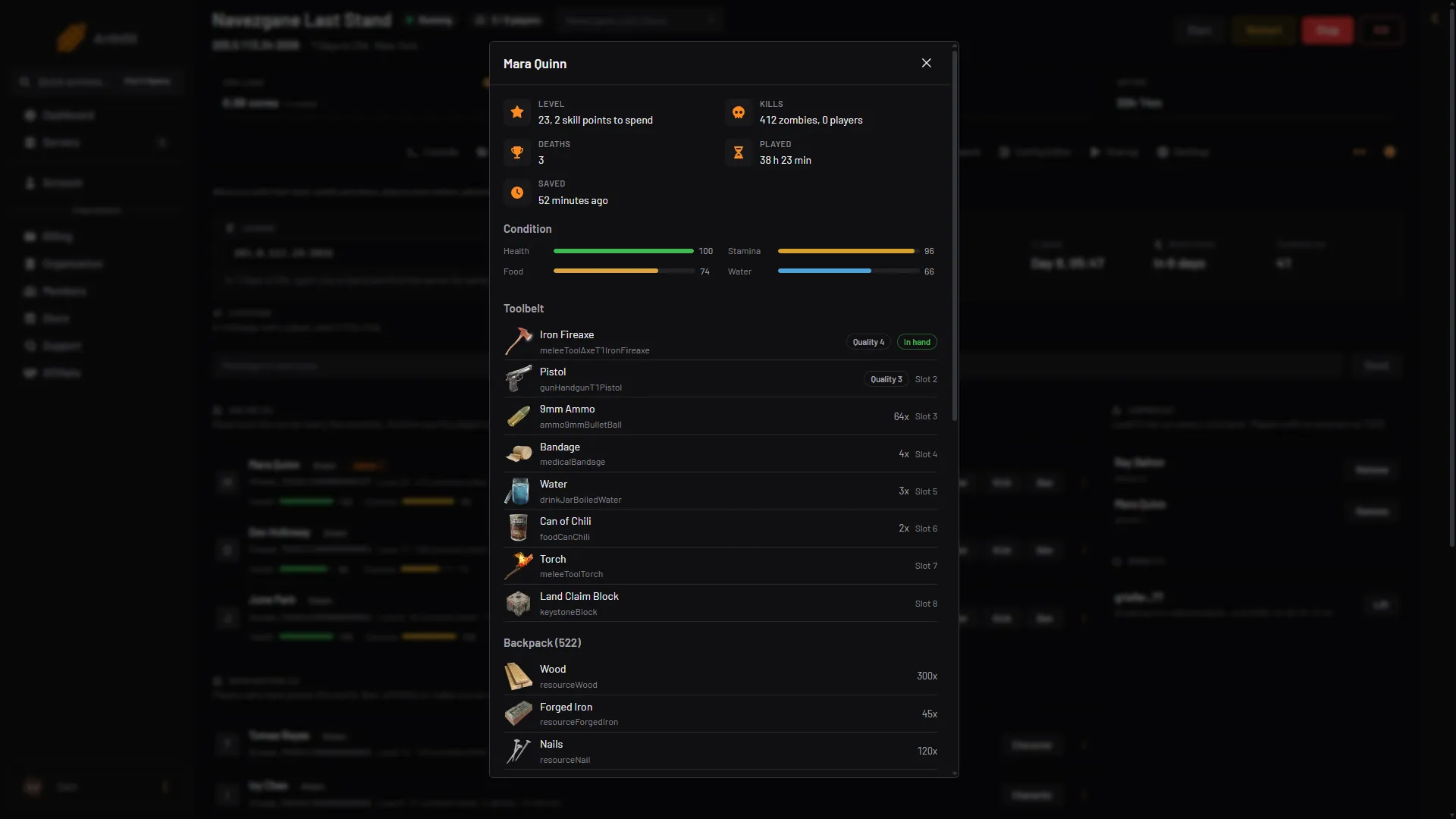 The Character window with level, condition, toolbelt and the start of the backpack