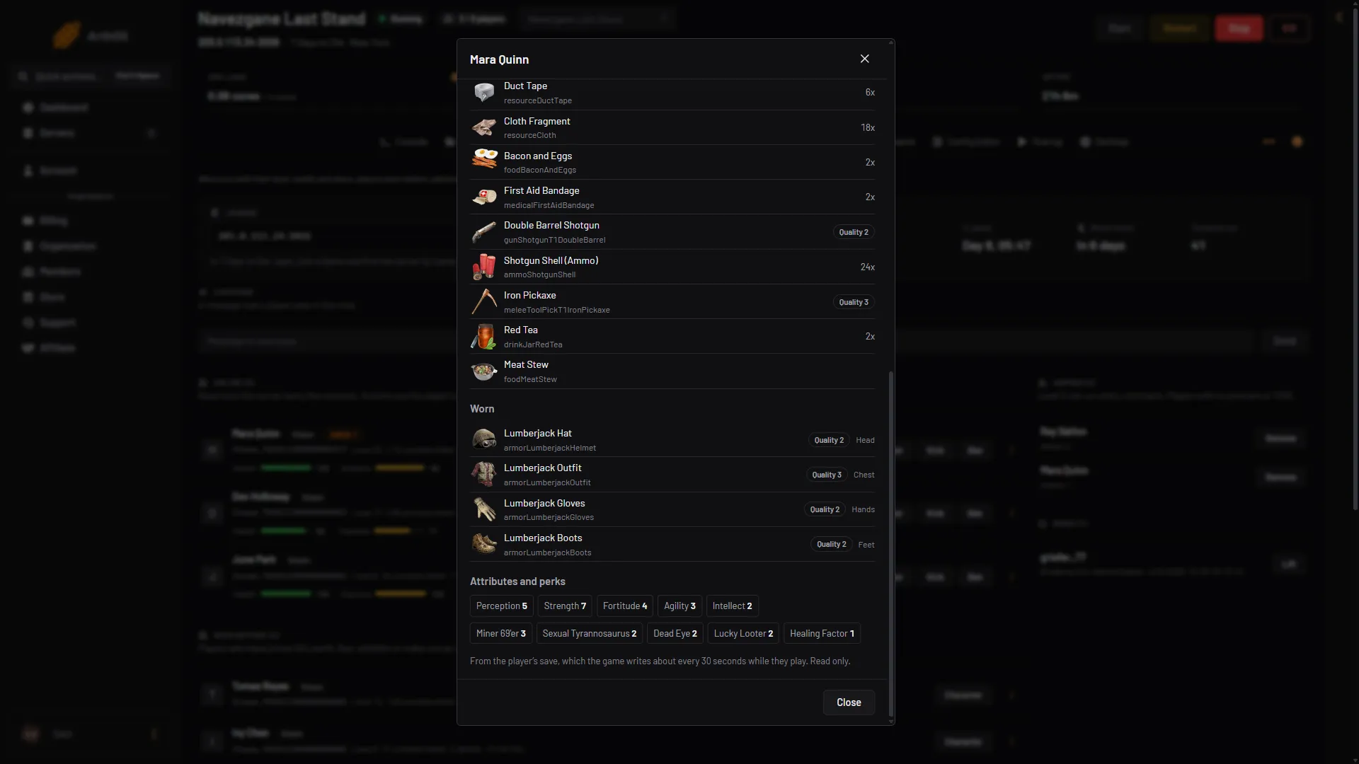 The end of the Character window with worn items, attributes and perks, and the note about the save