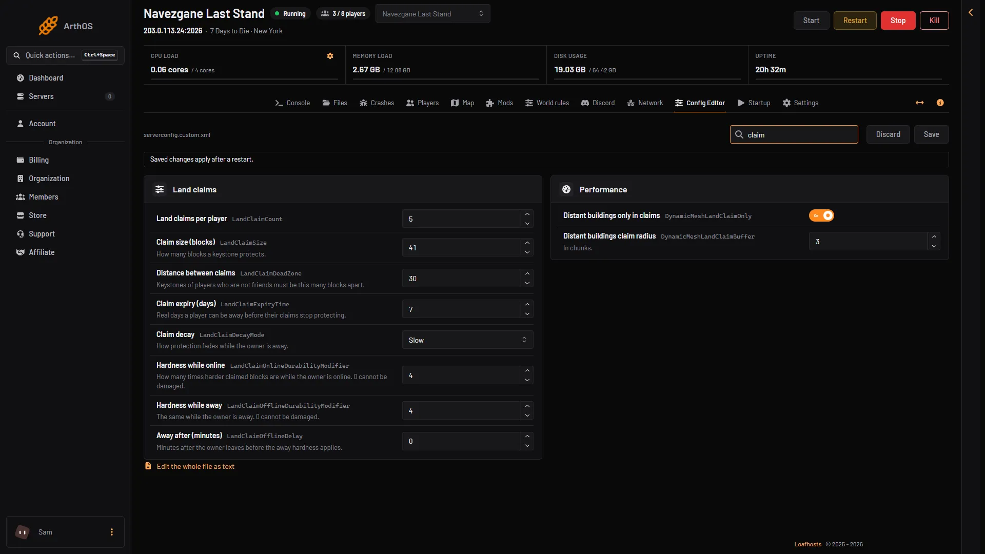 Config Editor searched for claim, showing the Land claims group with all eight rows