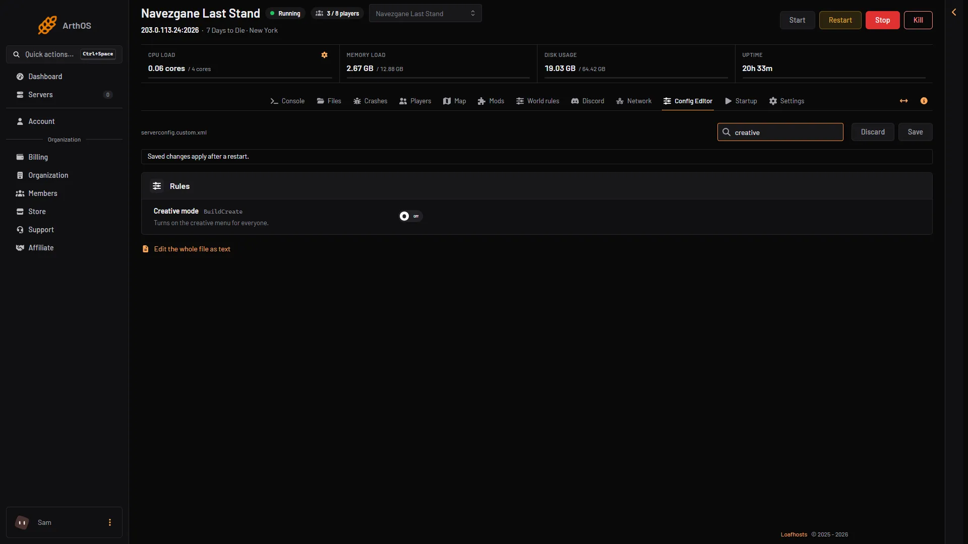 The Config Editor with Creative mode found by search