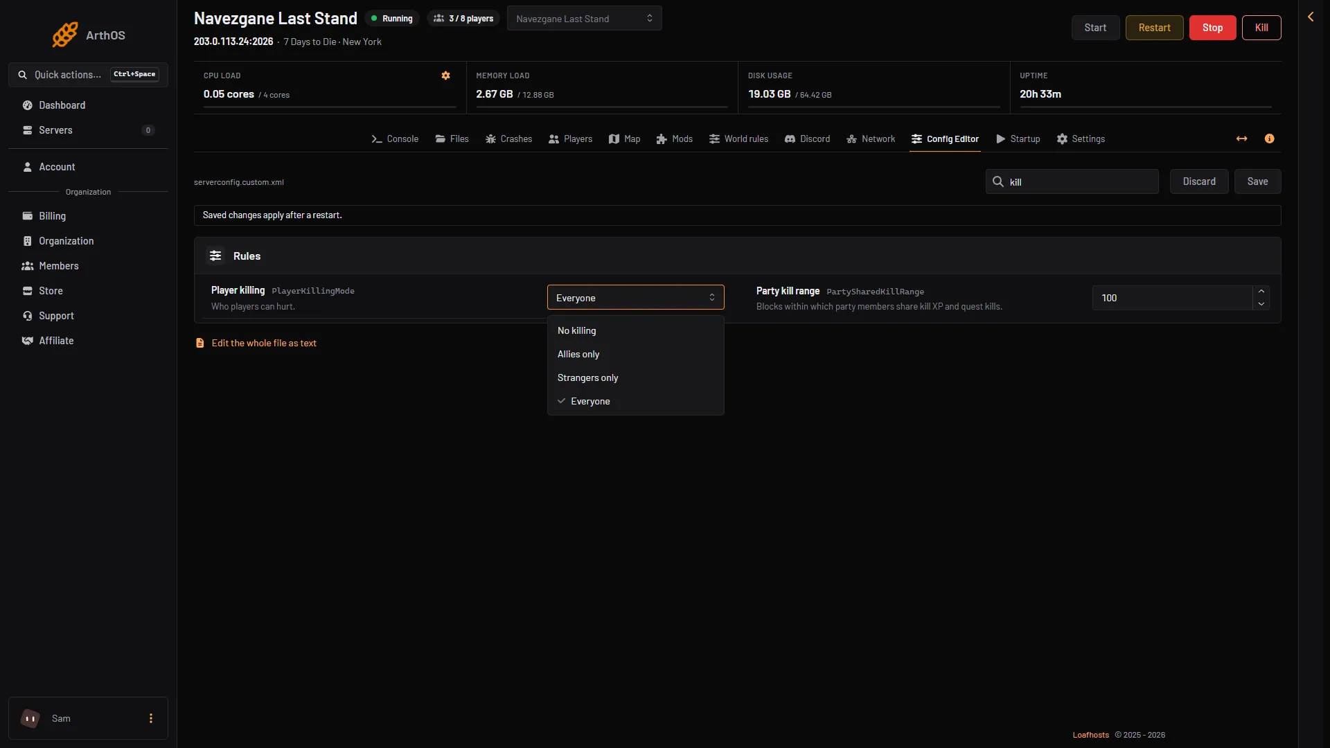 Config Editor searched for kill with the Player killing list open