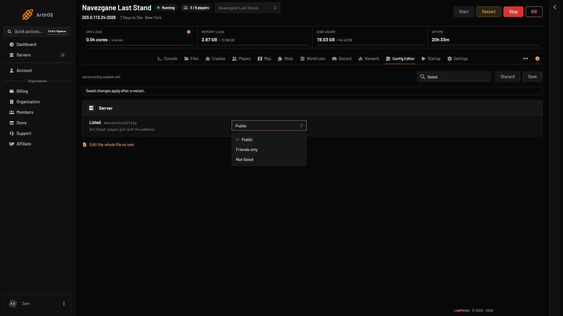 The Listed list open with Public, Friends only and Not listed
