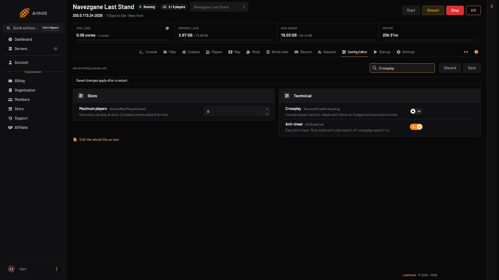 The Maximum players and Crossplay rows in the Config Editor
