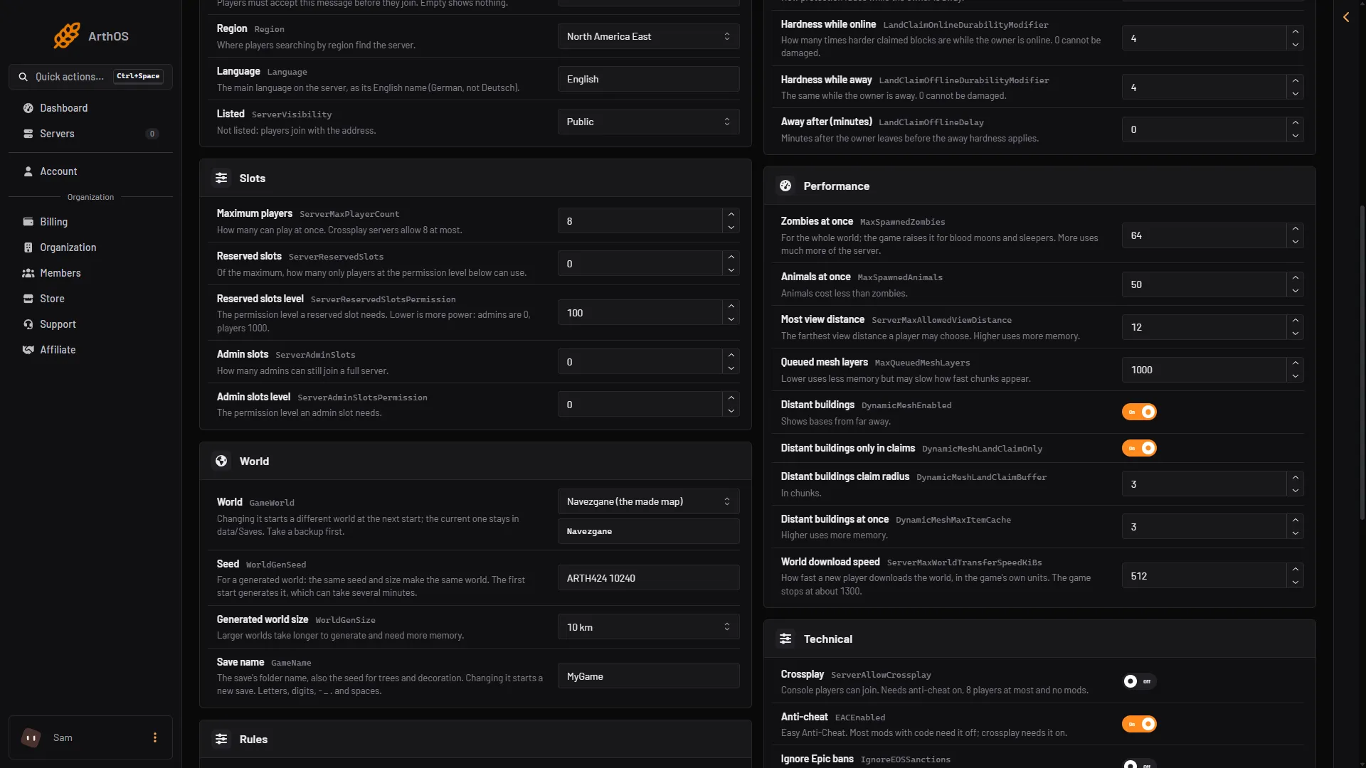 The Performance rows in the Config Editor