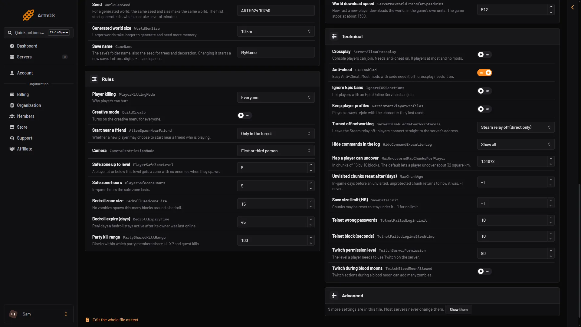 Config Editor Rules card with Player killing, Safe zone up to level and Safe zone hours