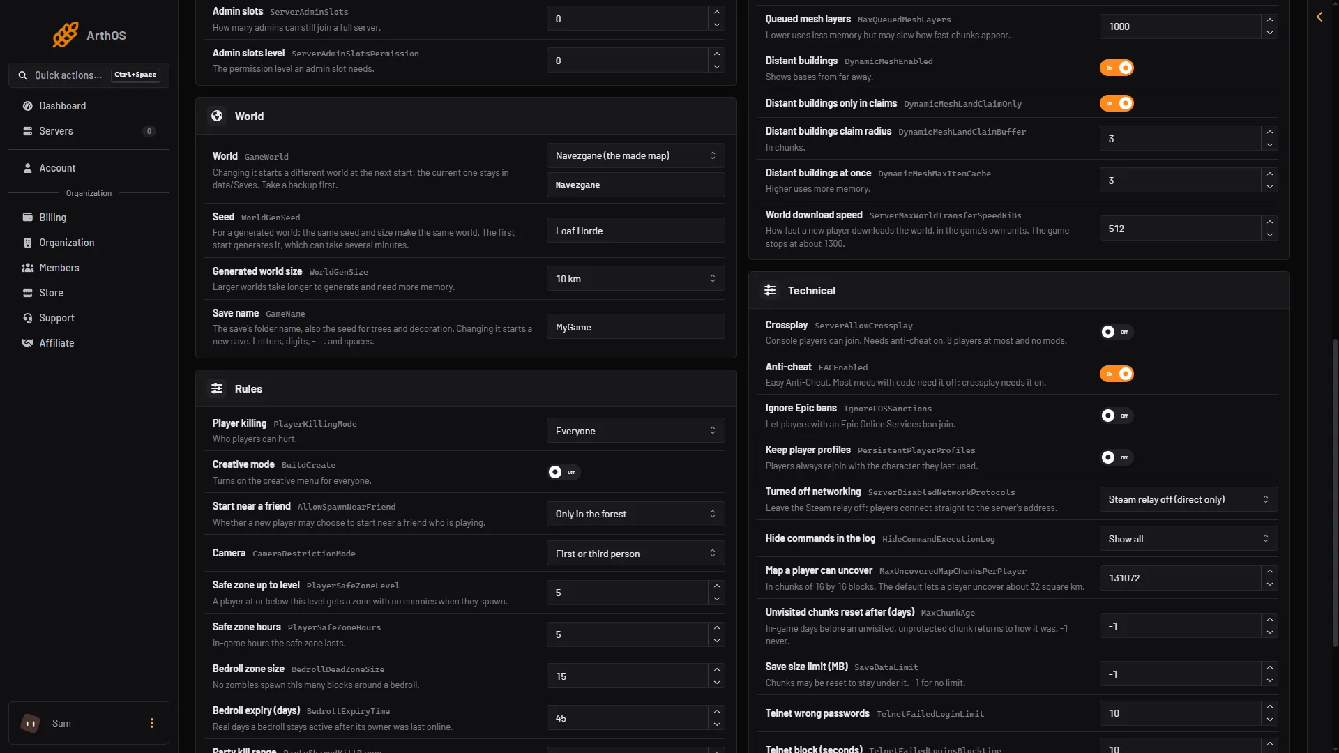 The World group of the Config Editor