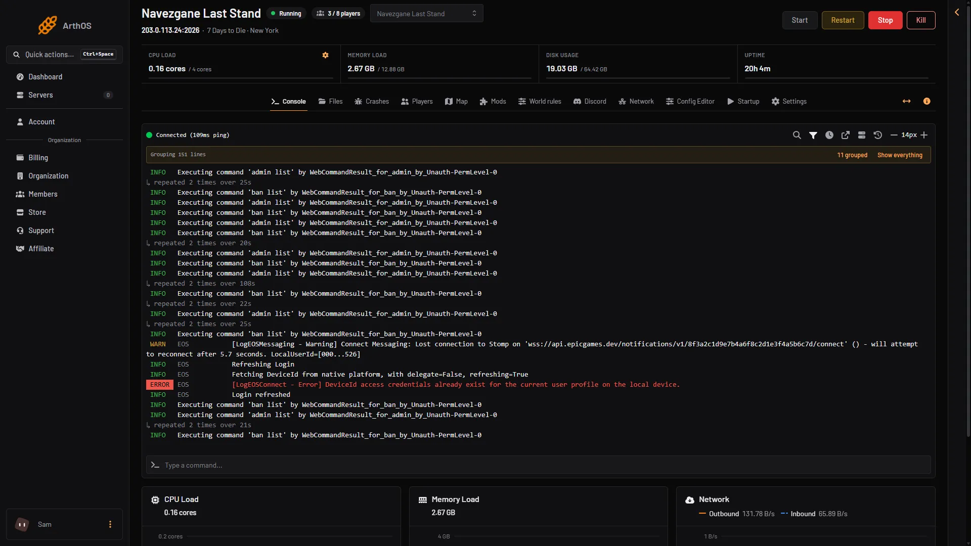 Console page with log lines and the command box at the bottom