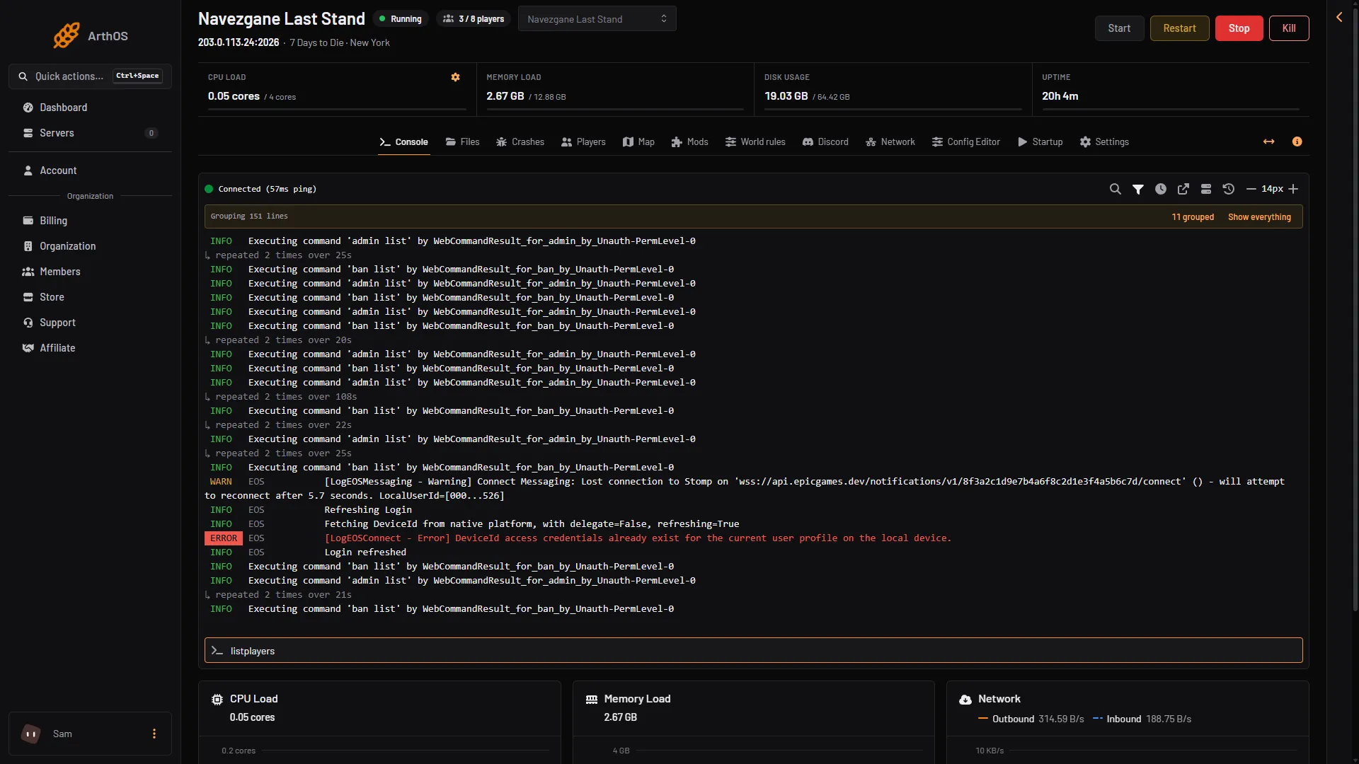 Console page with a command typed in the command box at the bottom