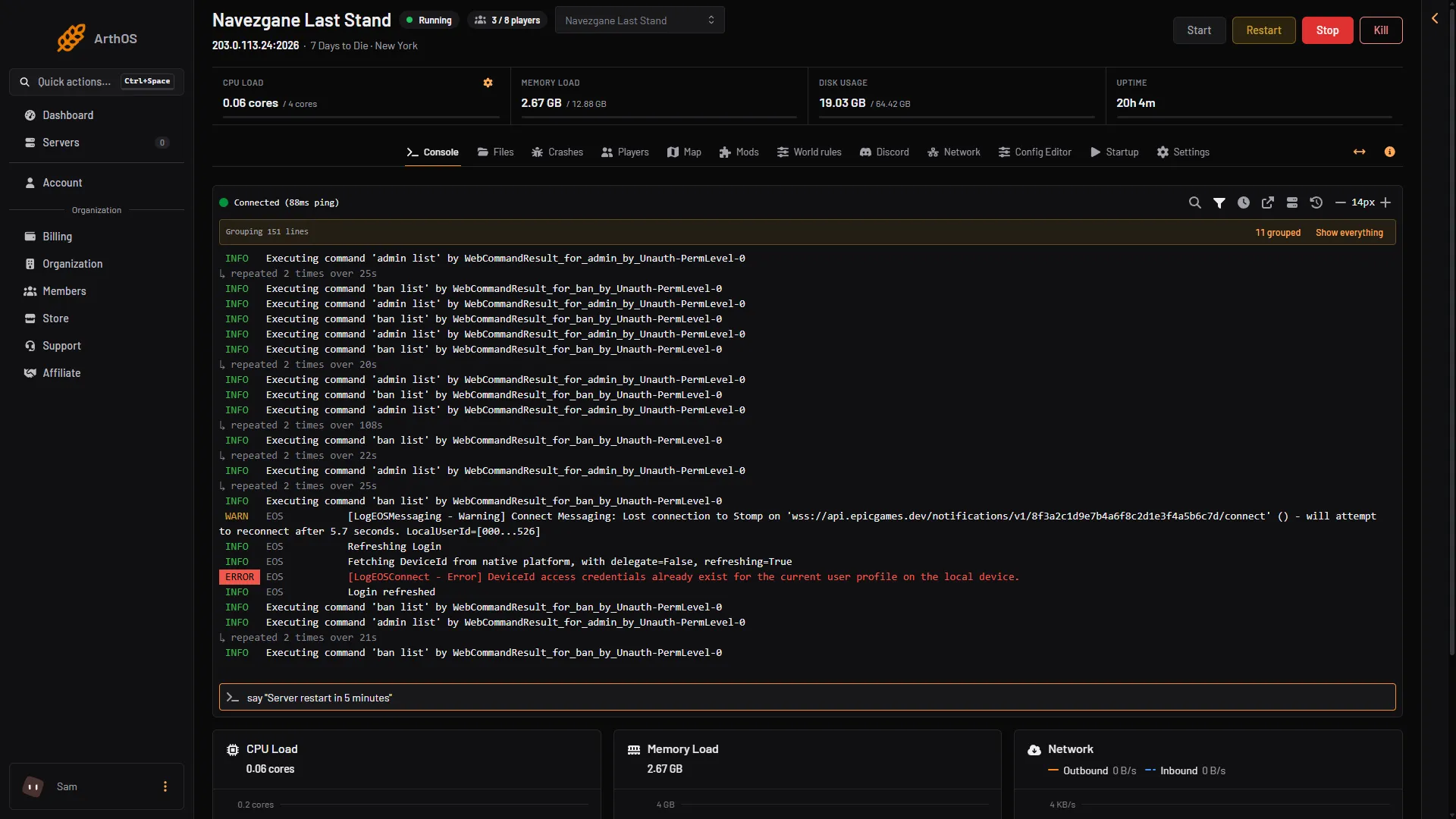 The Console command box with a say command typed in