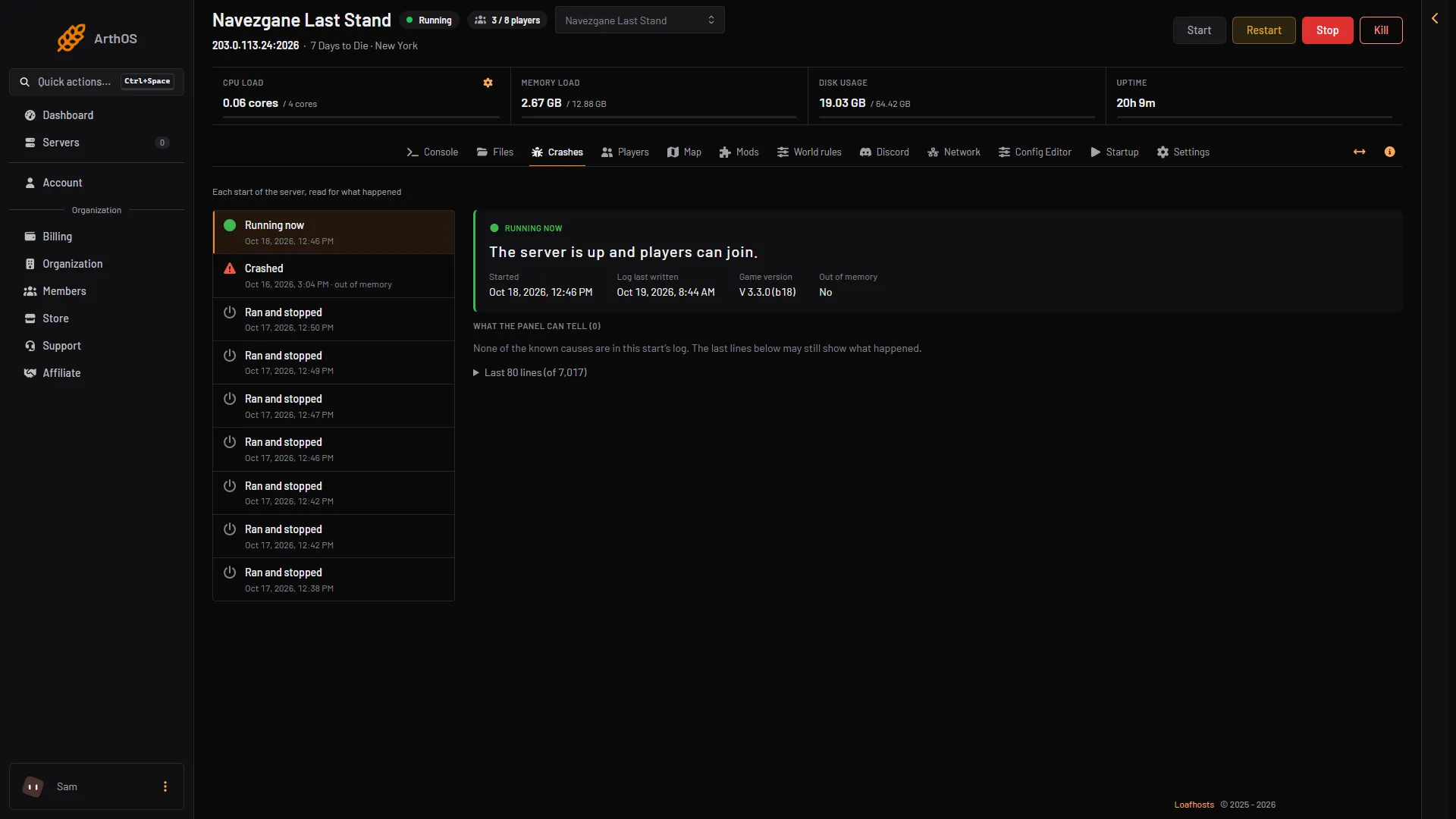 Crashes page with a start picked and the What the panel can tell list