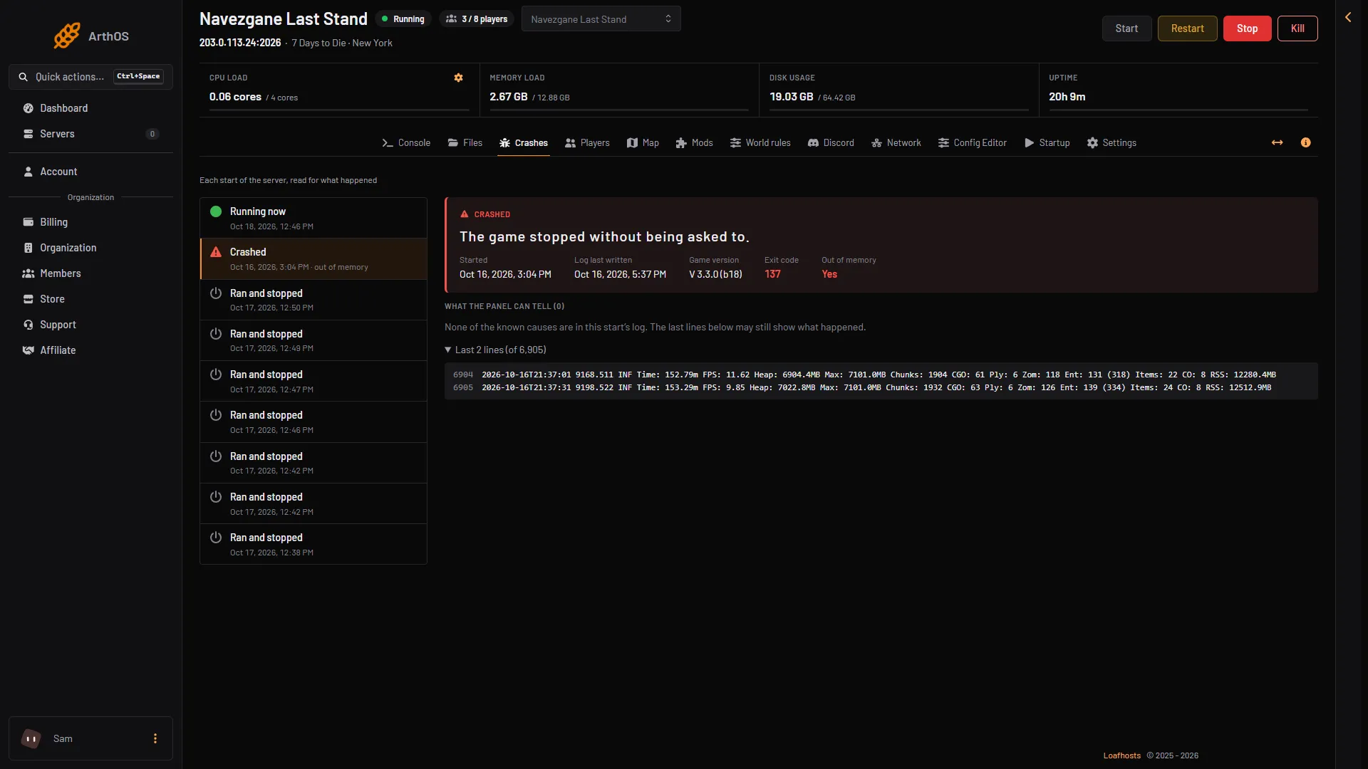 The Crashes page for a start that used all its memory, with its last stats lines