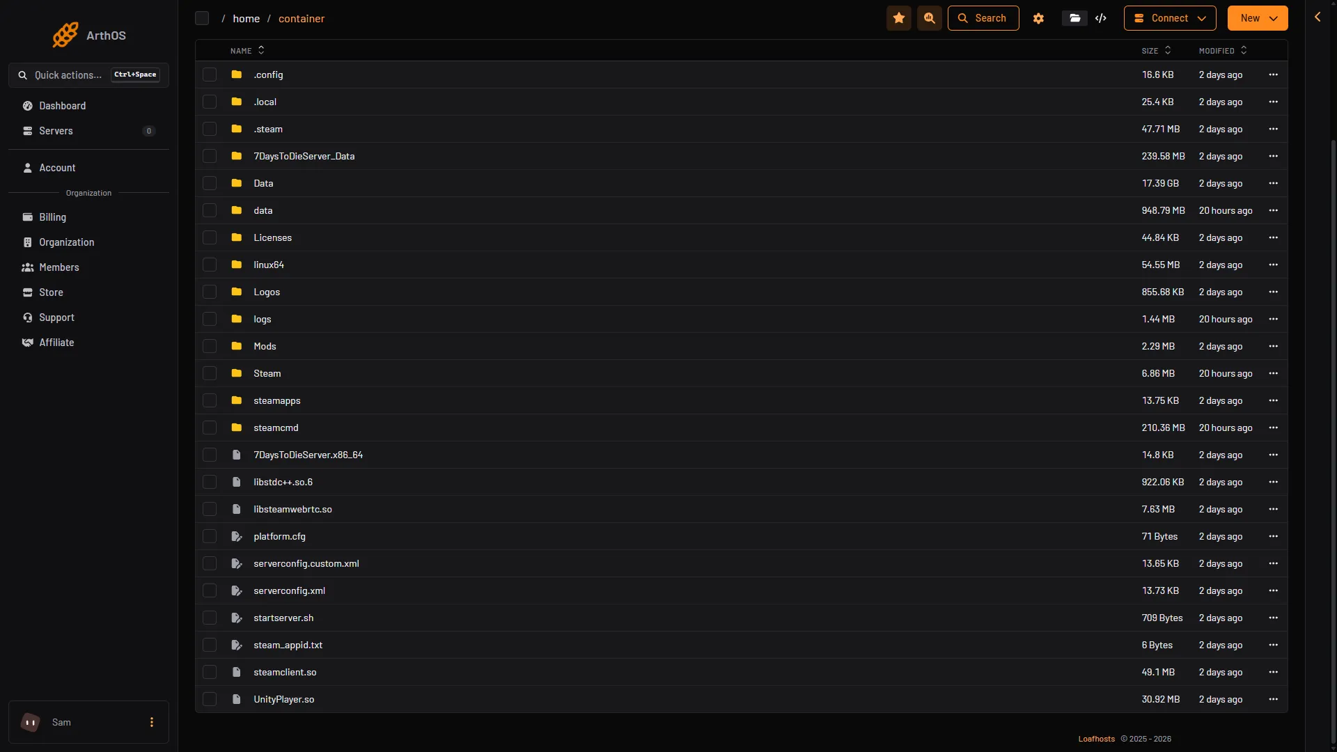 The server's top folder in Files, with the two settings files and the data, logs and Mods folders