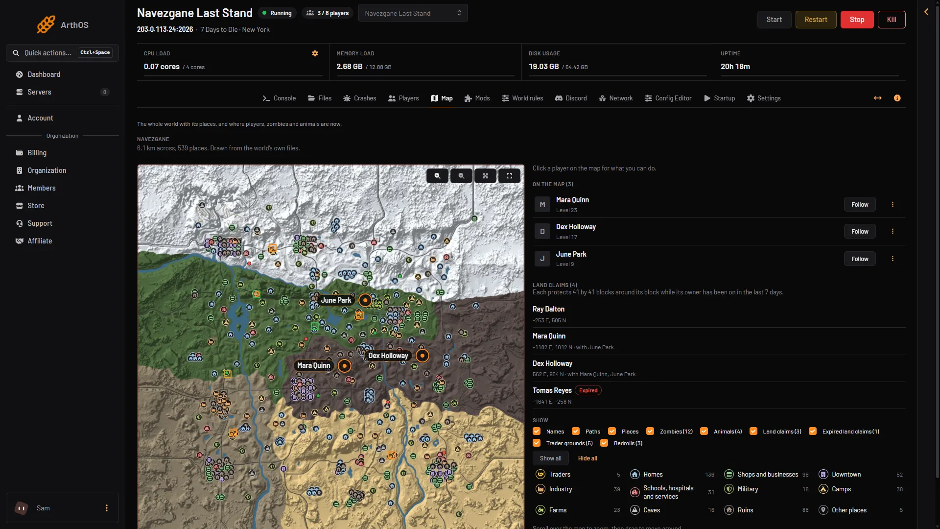 The Map page with the list of players, land claims and the switches for each layer
