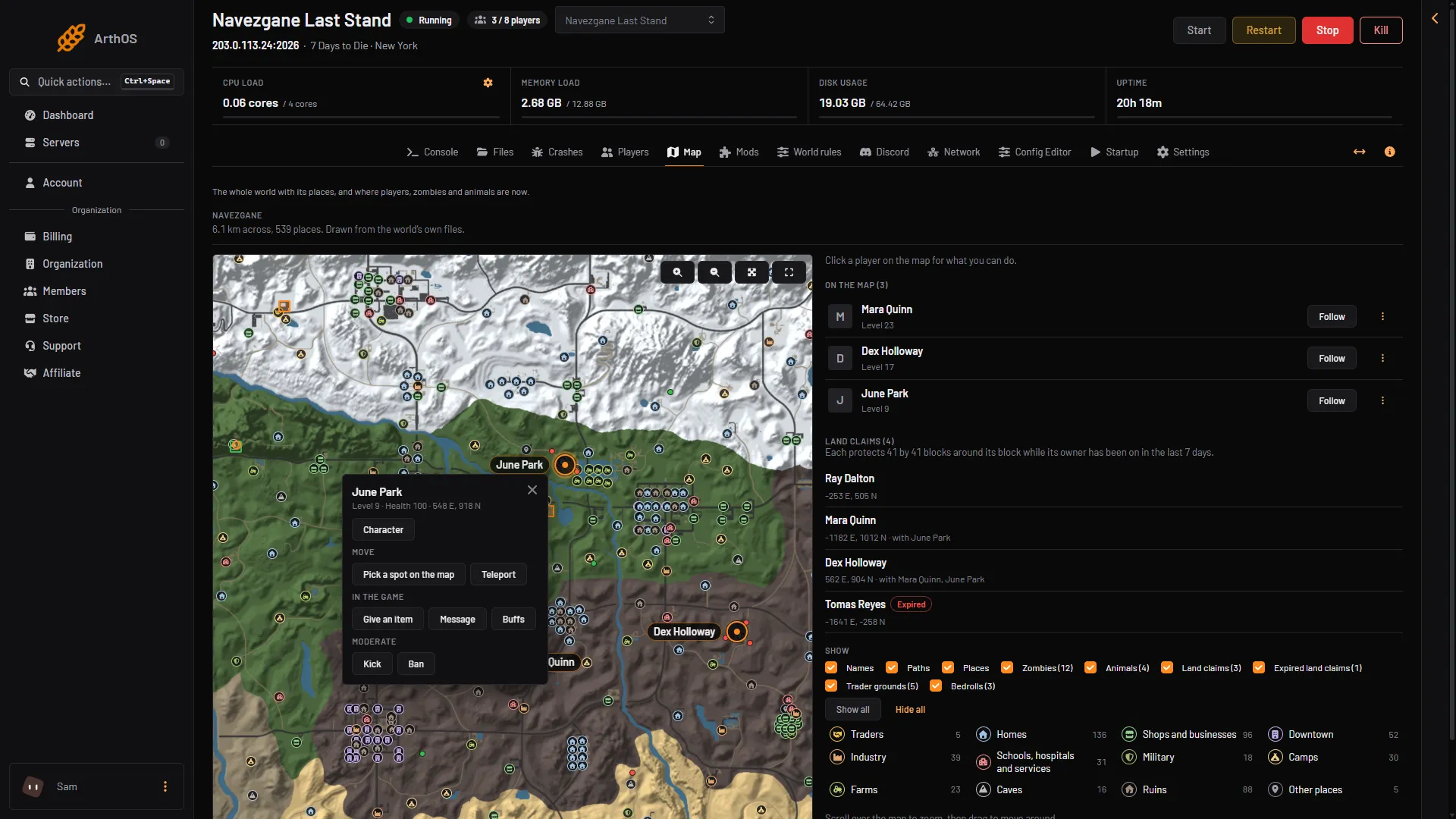 A player's card open on the map with Character, move, in the game and moderate buttons
