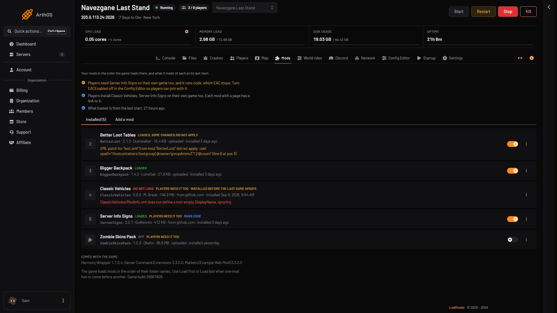 Mods page with a mod that did not load and its reason line