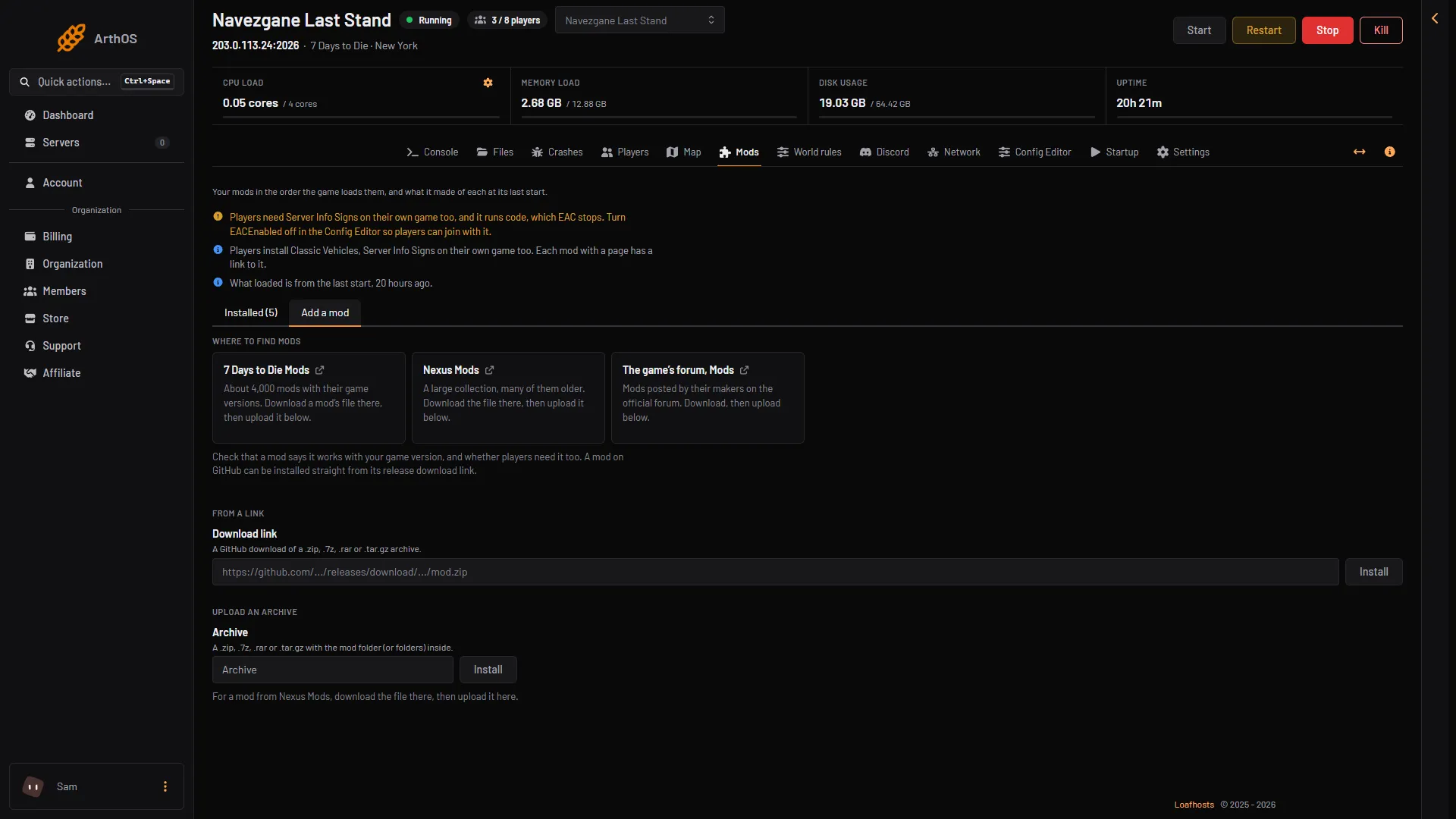 The Add a mod tab with the Download link field, the Archive field and the Install buttons
