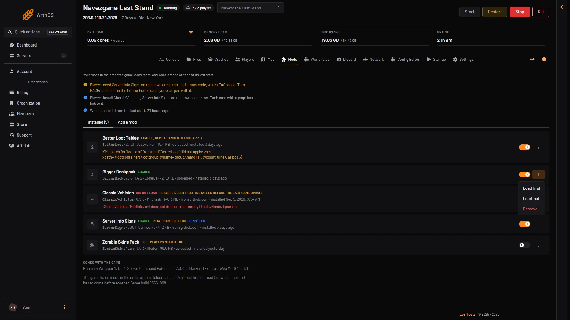 The menu of a mod open with Load first, Load last and Remove