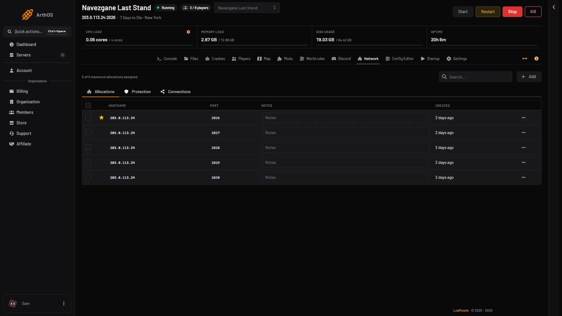 The Allocations tab listing five ports on one address, the first starred