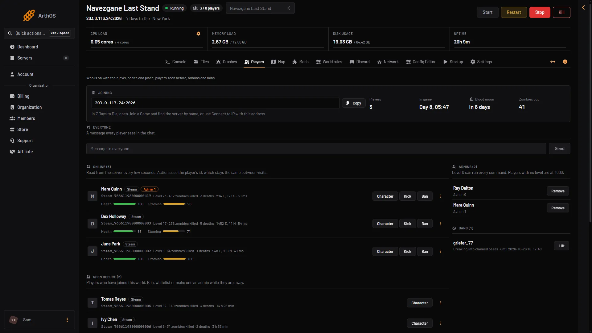 The Admins card on the Players page with the Remove button