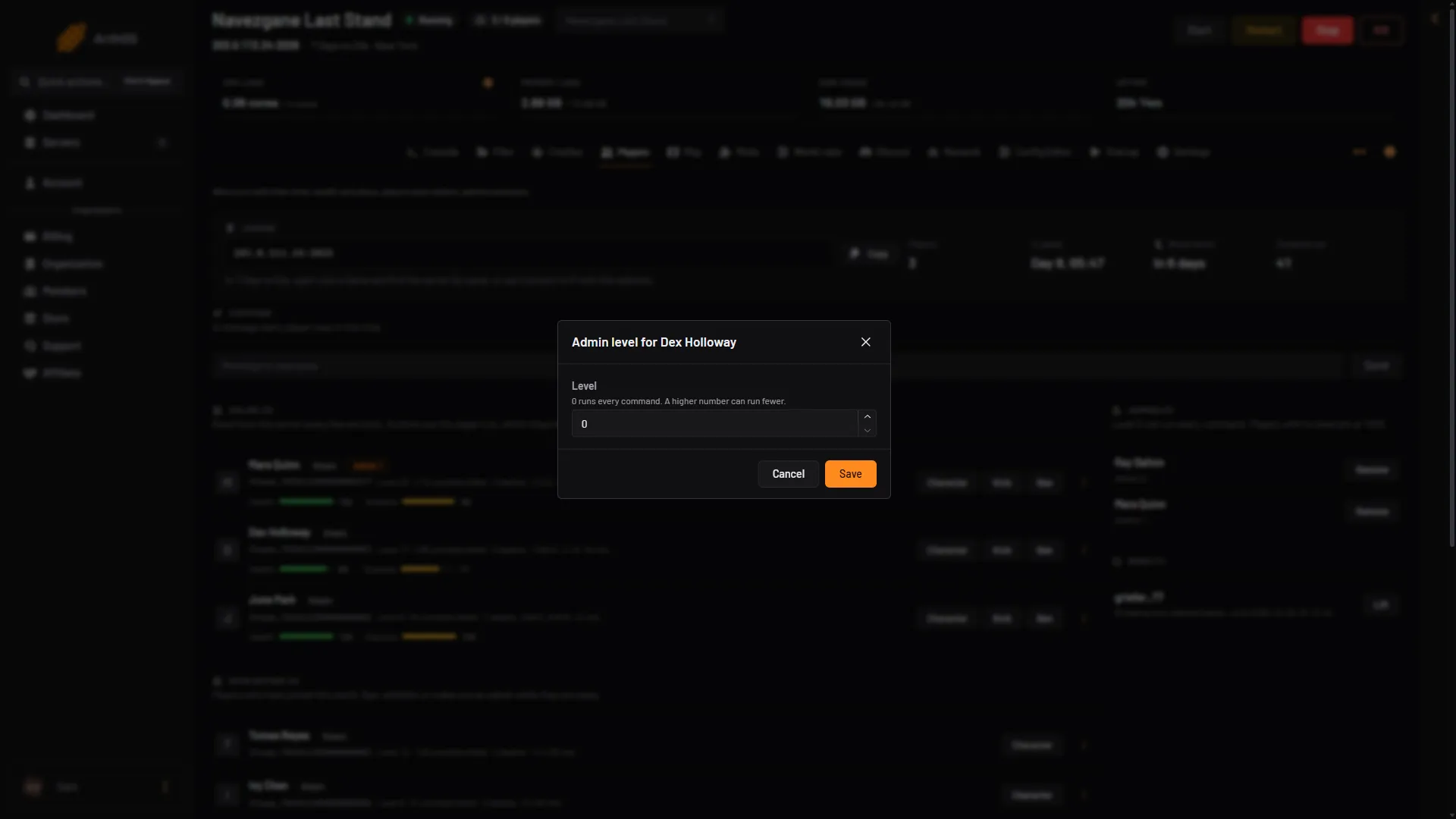 The Admin level box with Level at 0, its note and the Save button