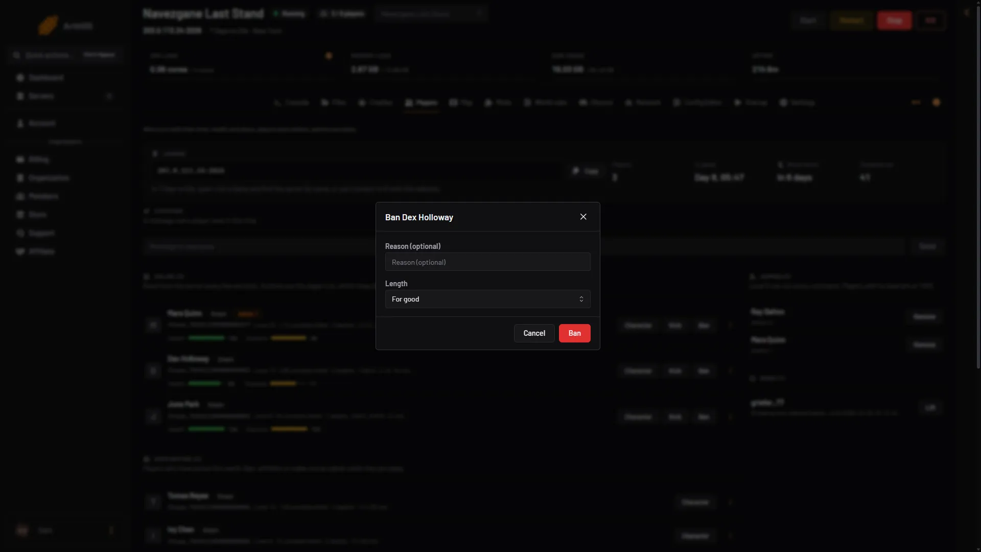 The Ban box with the Reason field, the Length list and the Ban button