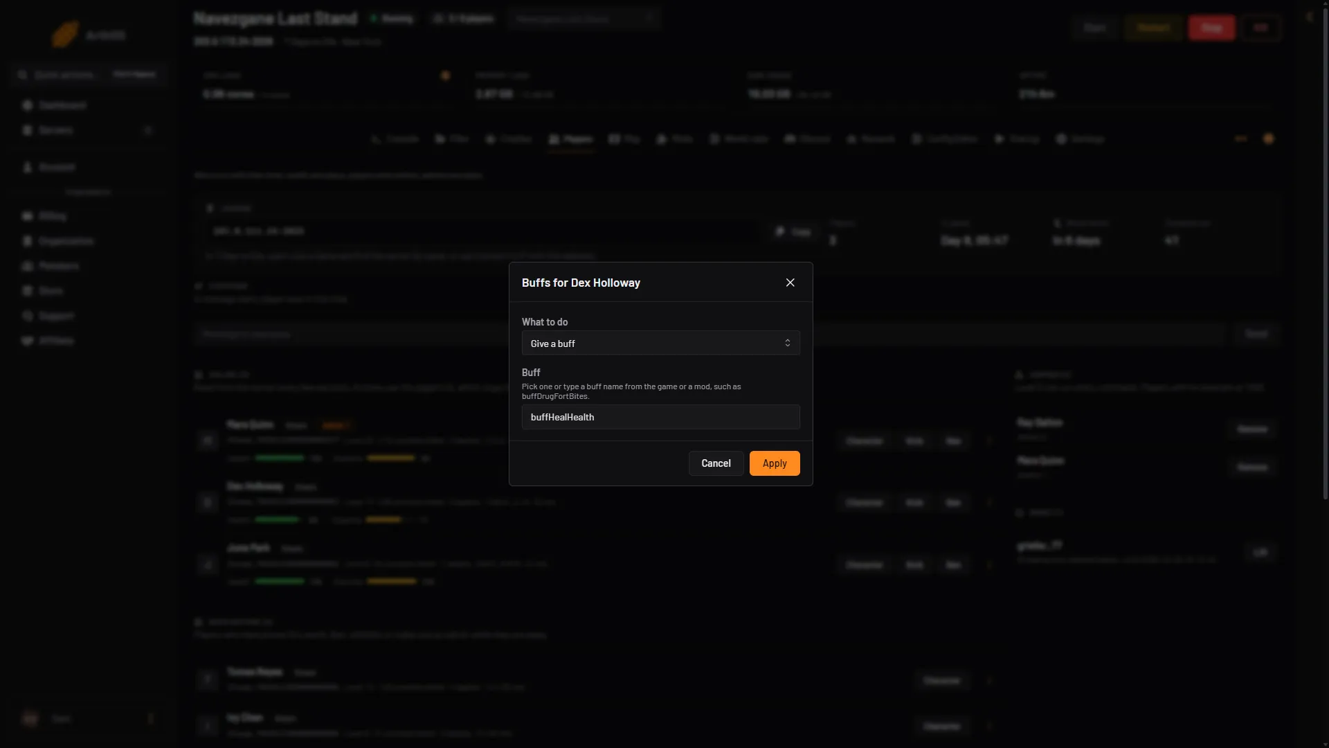 The Buffs box with Give a buff chosen, a buff typed in the Buff field and the Apply button