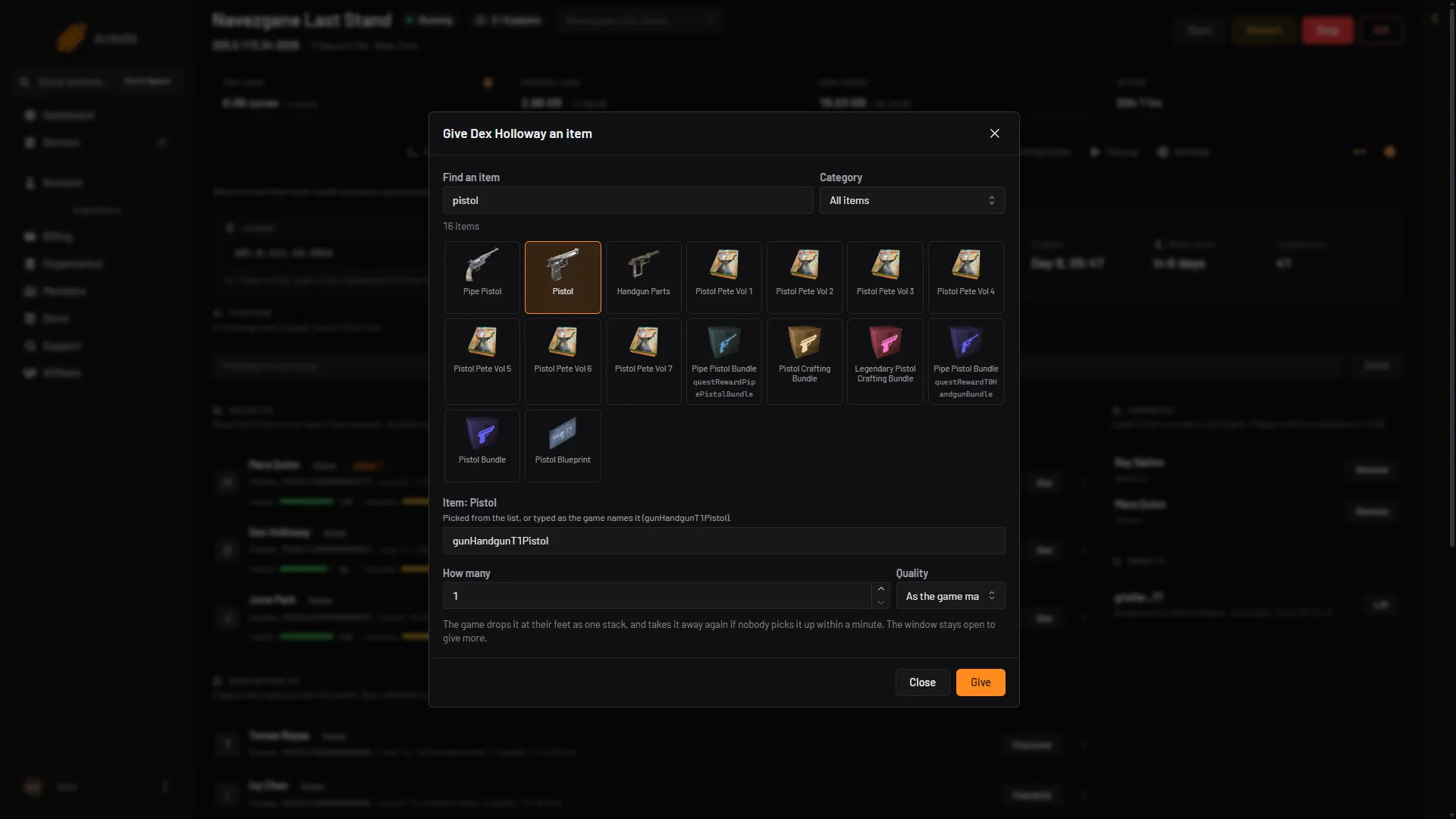 The Give an item box with a pistol picked