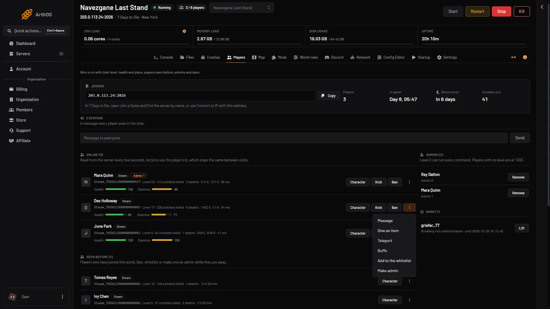The player menu on a Players row with Make admin at the bottom