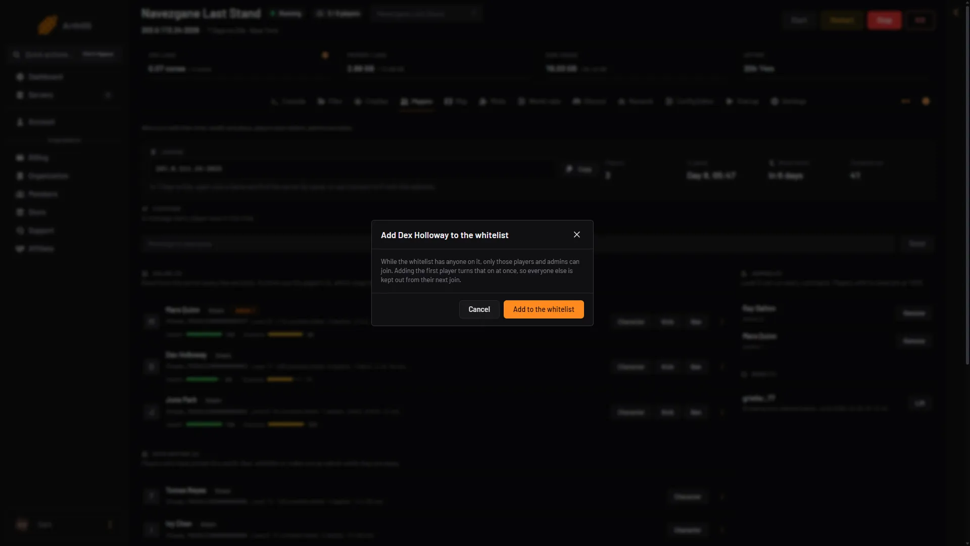 The whitelist box with its warning and the confirm button