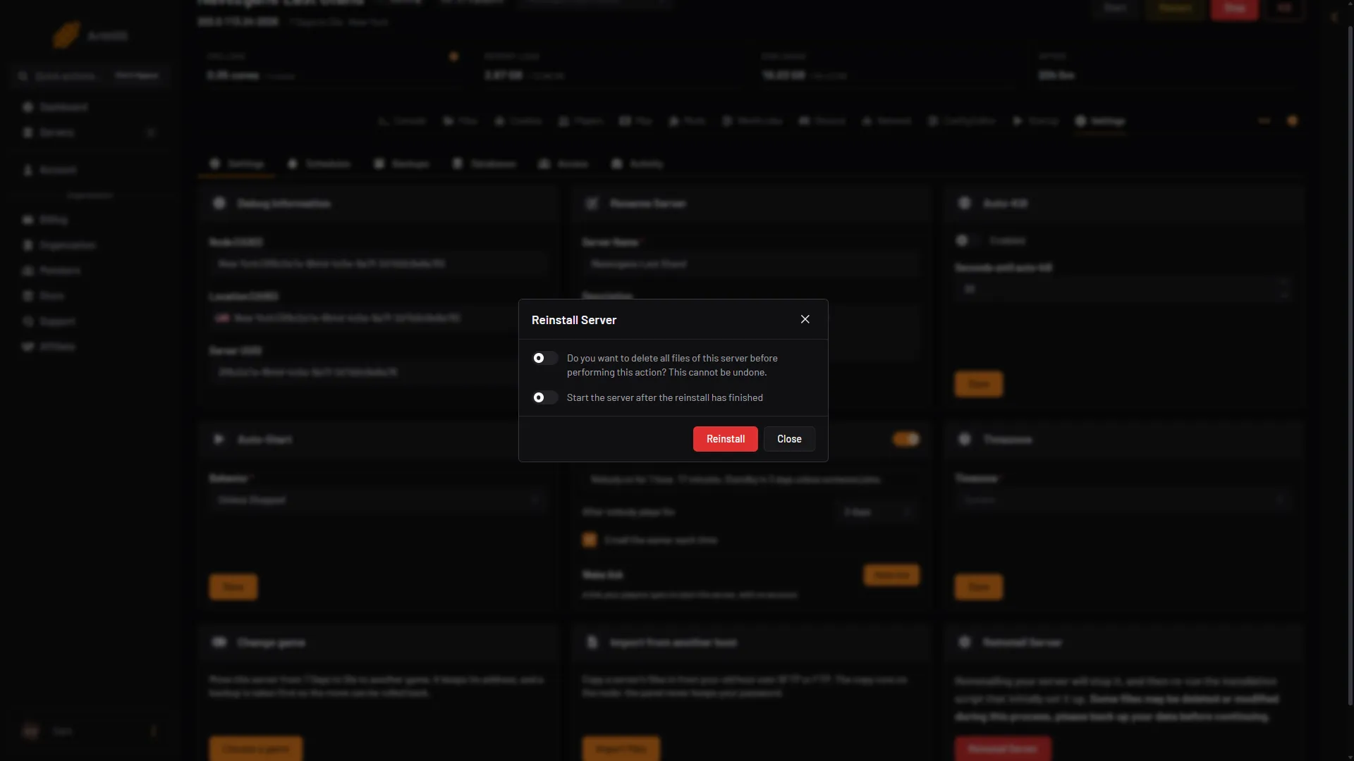 The Reinstall Server box open over the Settings page