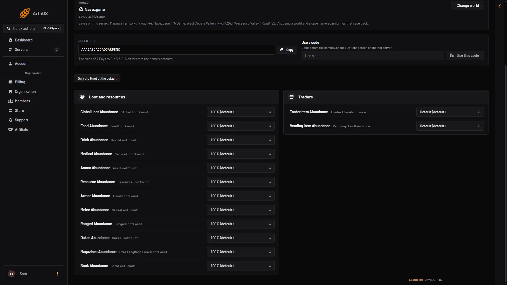 World rules page searched for abundance, showing Global Loot Abundance and the per-kind rows