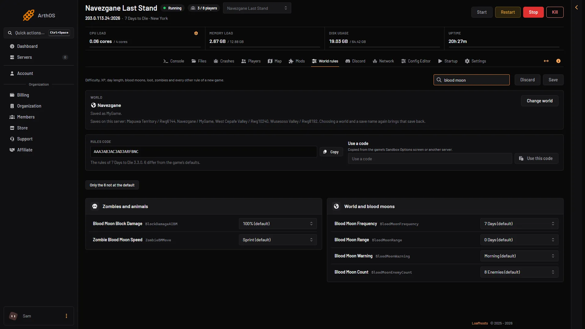World rules page searched for blood moon, showing the four blood moon rules and their values