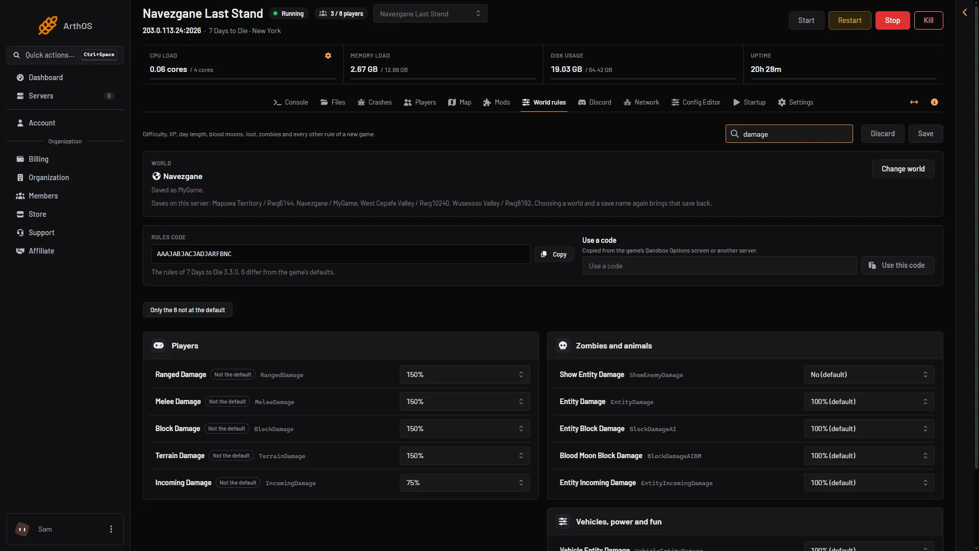 World rules search for damage, listing the damage rows