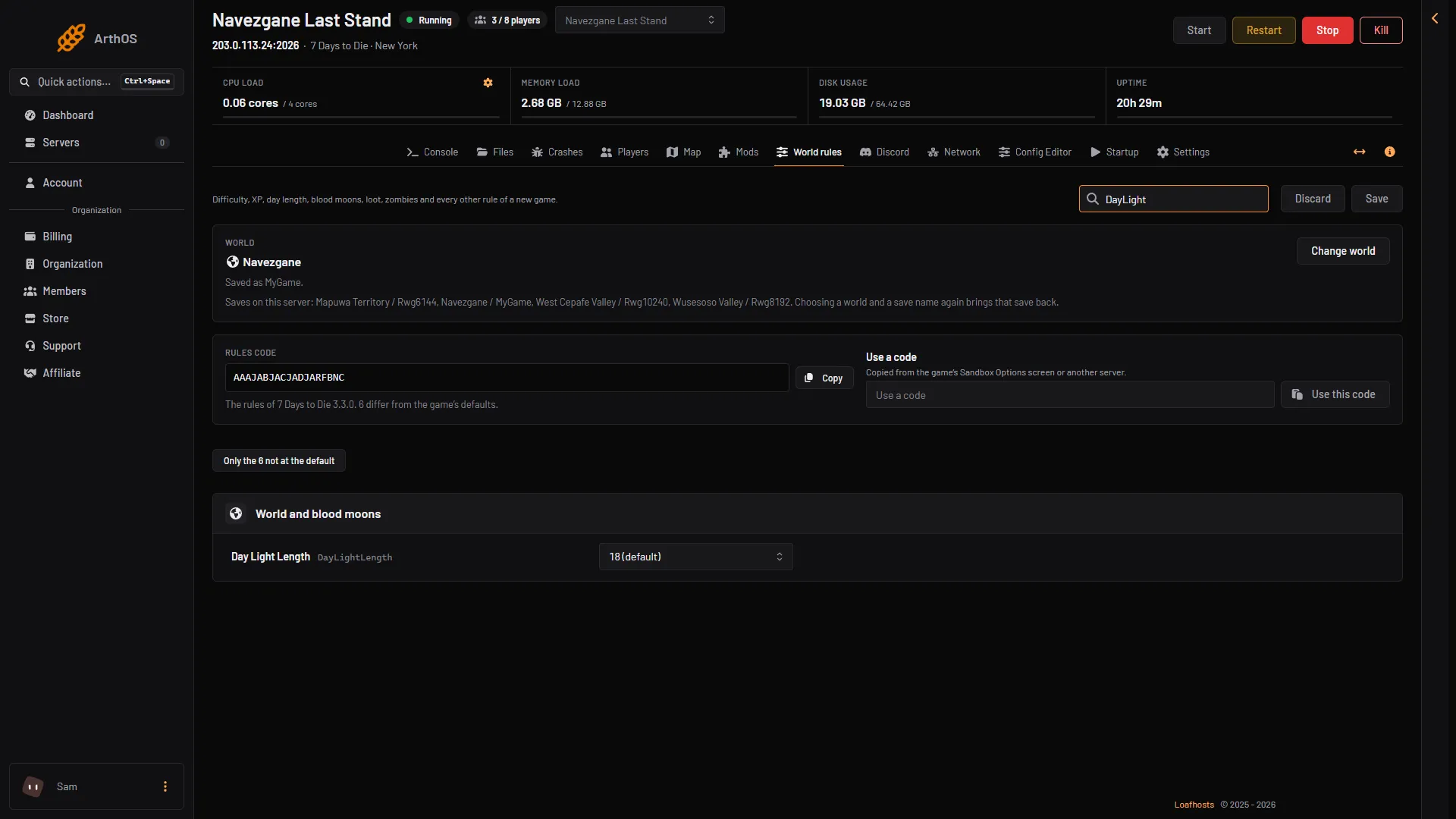 World rules page searched for DayLight, showing the Day Light Length rule