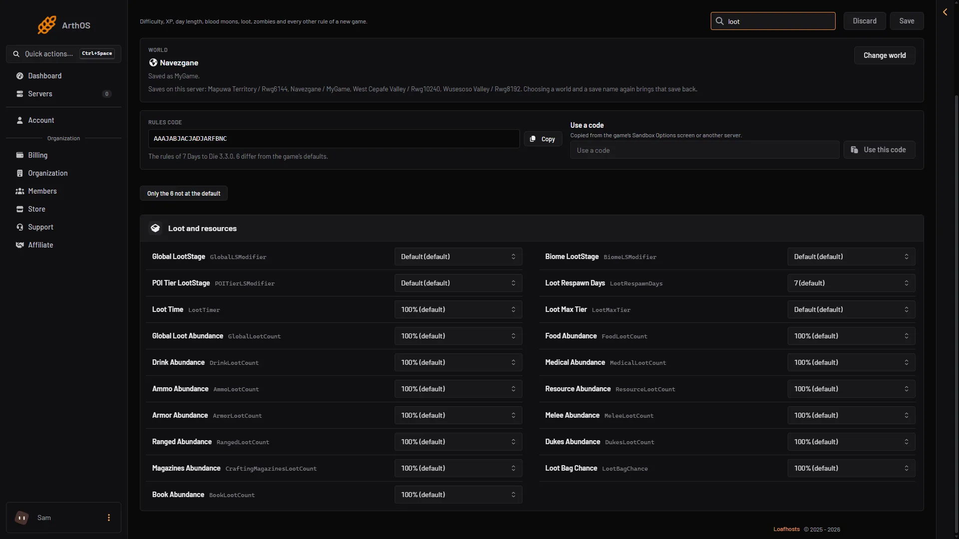 World rules page searched for loot, showing the loot stage, respawn and abundance rules