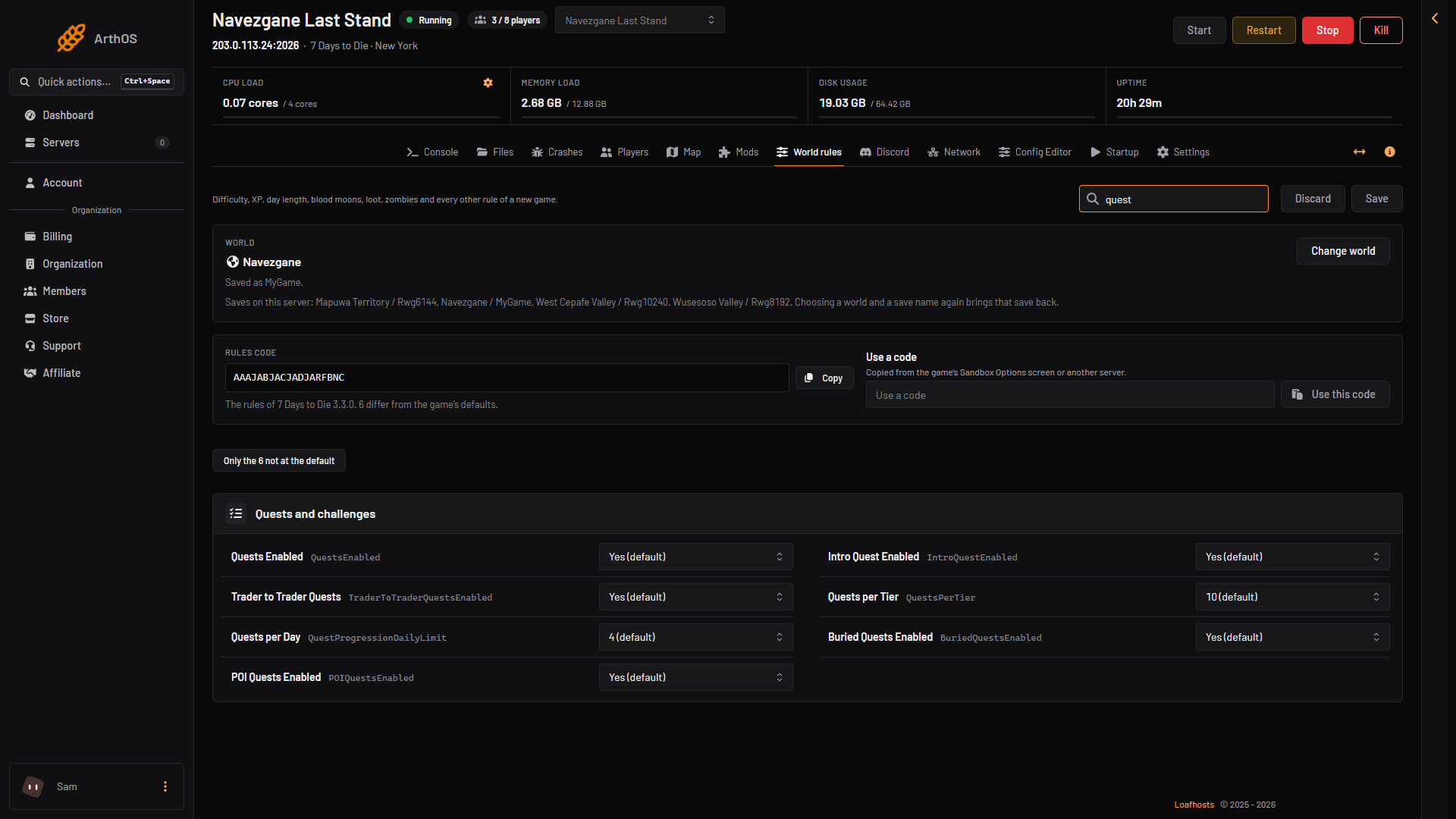 Quest rows on the World rules page