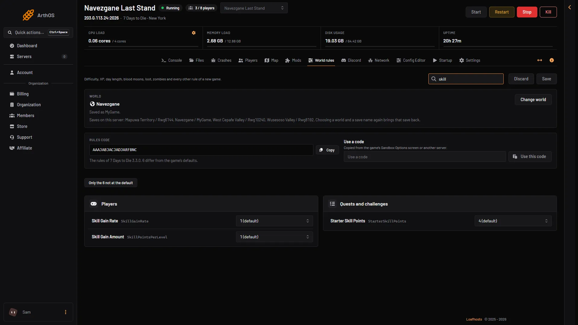 World rules page searched for skill, showing Skill Gain Rate, Skill Gain Amount and Starter Skill Points