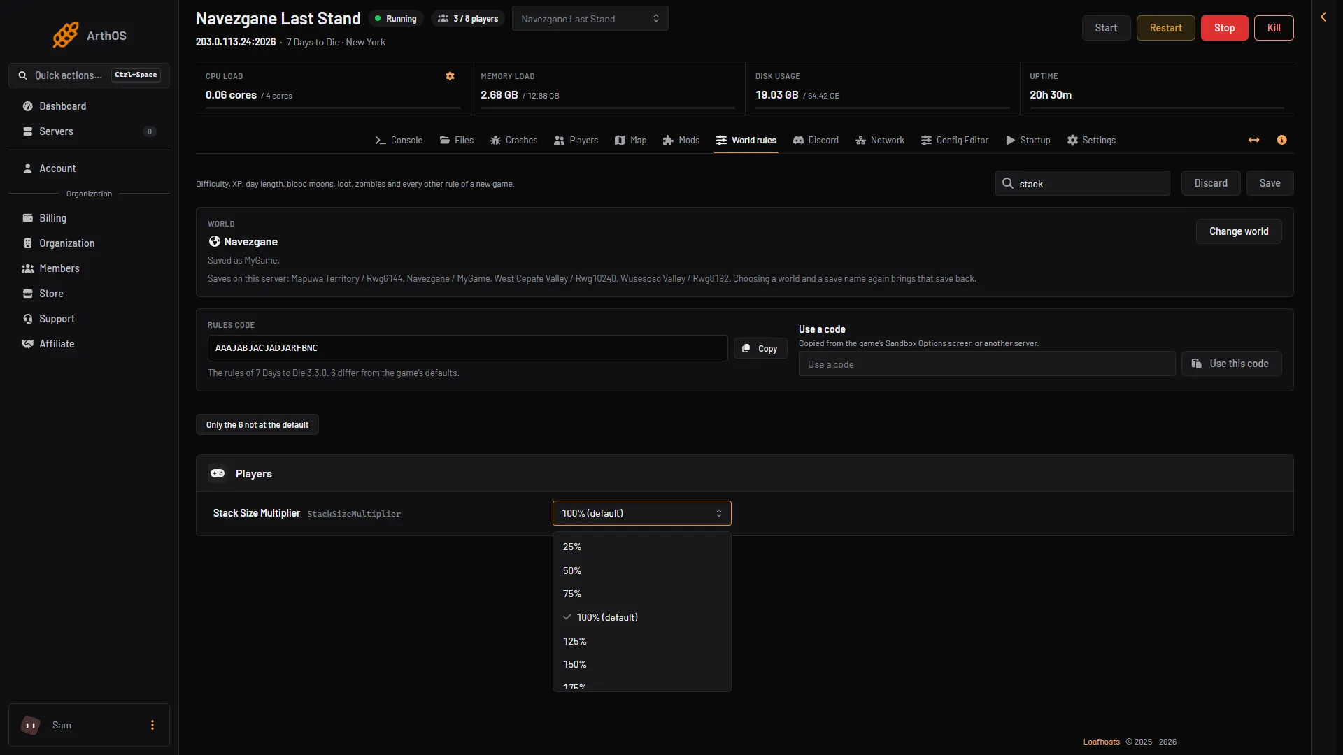 World rules searched for stack, with the Stack Size Multiplier list open