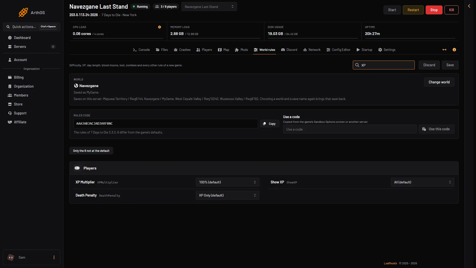World rules page searched for XP, showing XP Multiplier, Show XP and Death Penalty