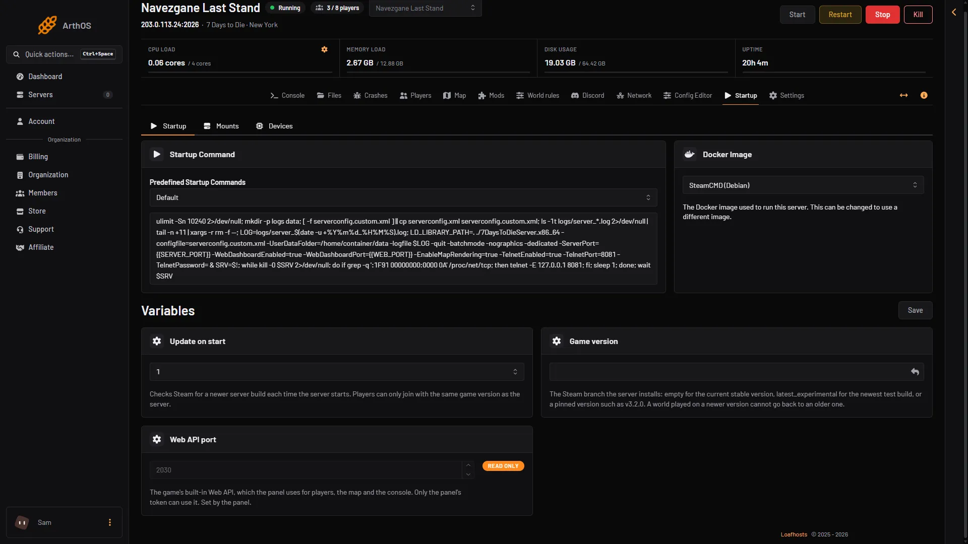 The Update on start and Game version variables on the Startup page