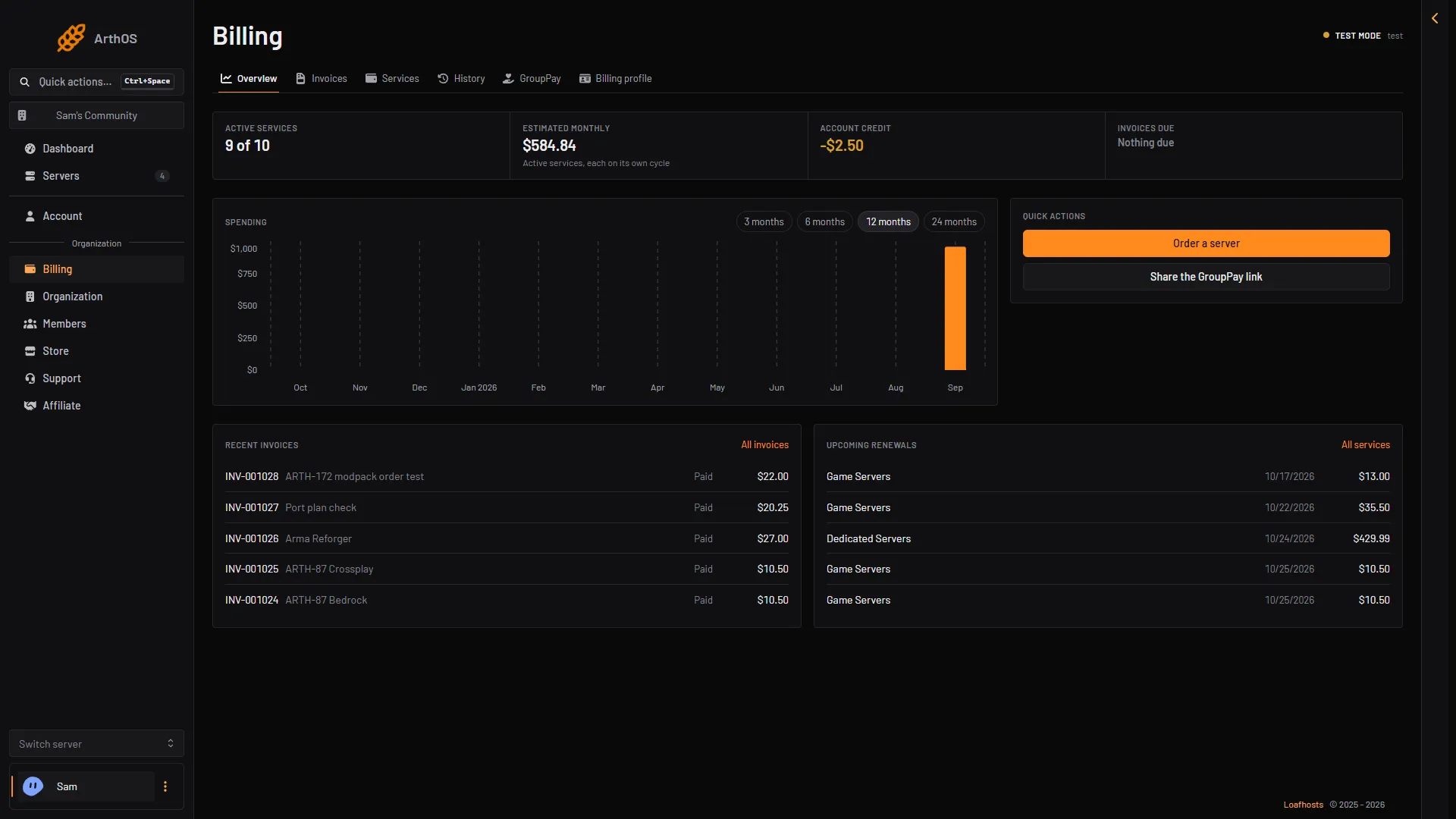 ArthOS billing overview with spending, recent invoices and upcoming renewals